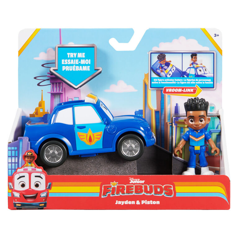 Disney Junior Firebuds, Jayden and Piston, Action Figure and Police Car Toy with Interactive Eye Movement