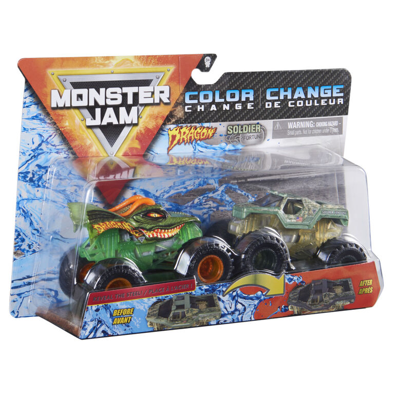 Monster Jam, Official Dragon Vs. Soldier Fortune Color-Changing Die-Cast Monster Trucks, 1:64 Scale Monster Jam, Official Dragon Vs. Soldier Fortune Color-Changing Die-Cast Monster Trucks, 1:64 Scale