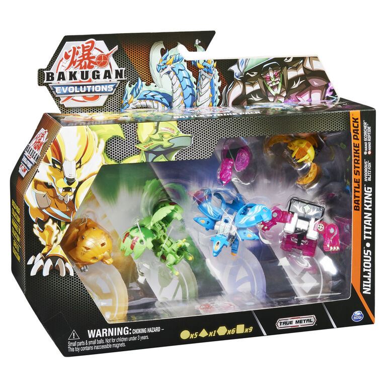 Bakugan Evolutions, Nillious and Titan King Battle Strike Pack, Includes 6 Bakugan Action Figures, 9 Trading Cards and 8 BakuCores