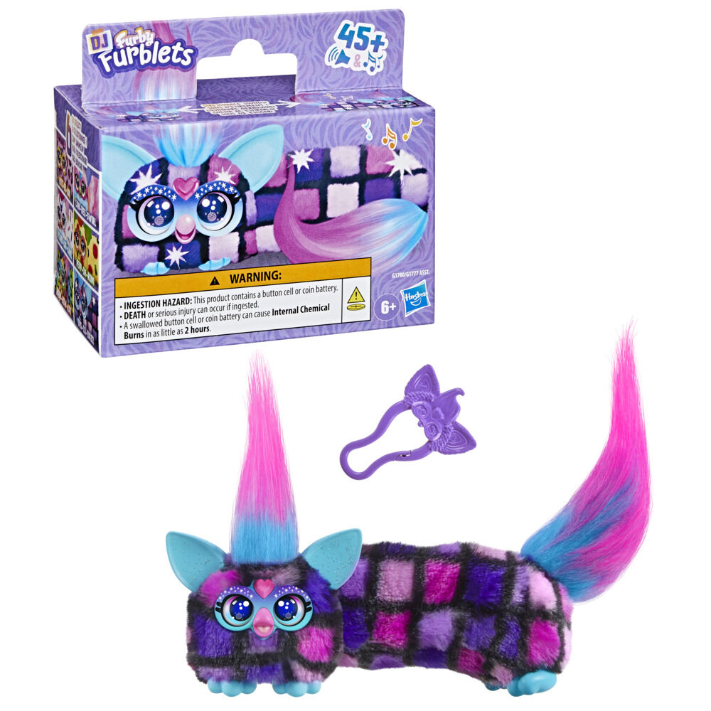 Furby DJ Furblets Dis-Co-Dazz Mini Electronic Plush Toy with Funny Stretchable Sound Effects & Music, Speaks Furbish, Pink, Purple, & Black