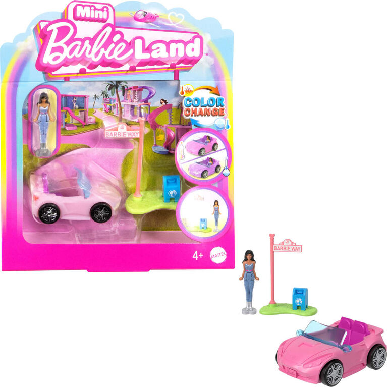 Barbie Mini BarbieLand Doll & Toy Vehicle Sets, 1.5-inch Barbie Doll & Iconic Toy Vehicle with Color-Change Surprise - Convertible