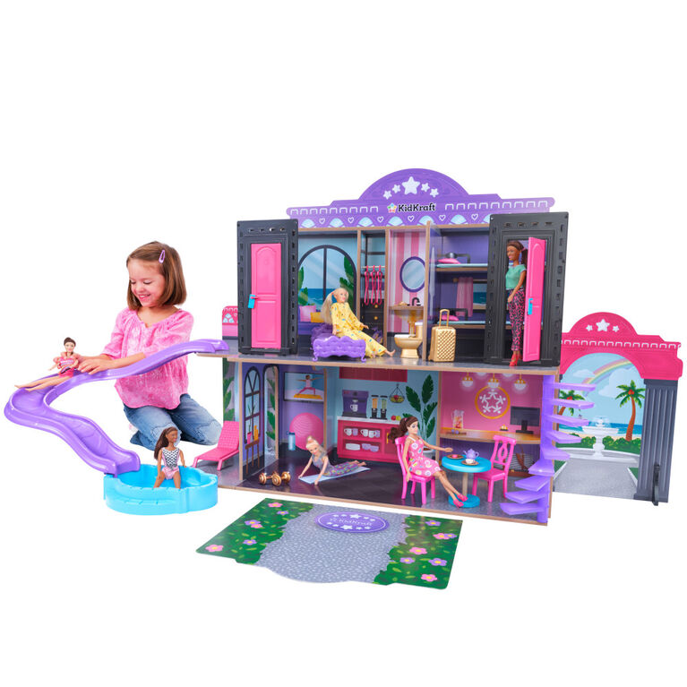 KidKraft 2-in-1 Wooden Hotel and Waterslide Dollhouse with 32 Accessories
