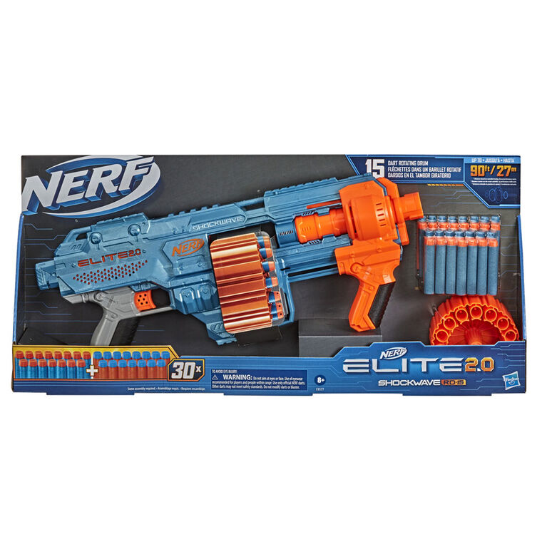 Nerf Elite 2.0, blaster Shockwave RD-15, 30 fléchettes Nerf, barillet rotatif 15 fléchettes, mécanisme à pompe