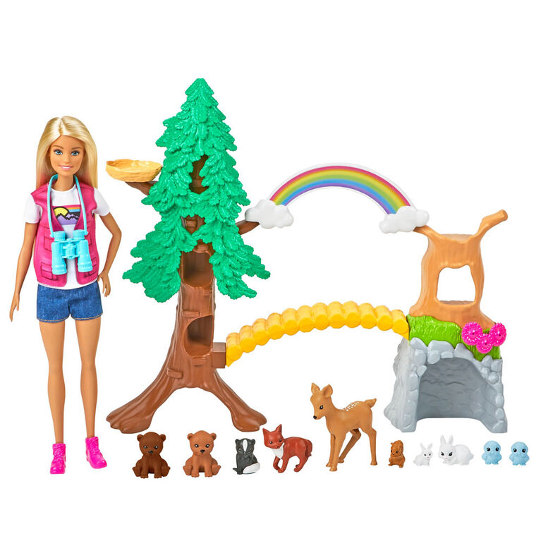Barbie Wilderness Guide Interactive Playset with Barbie Doll (12-in/30.40-cm), Outdoor Tree, Bridge, Overhead Rainbow, 10 Animals & More