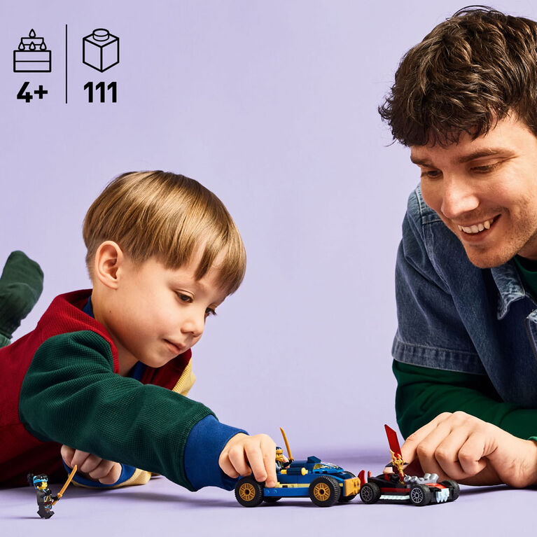 LEGO NINJAGO Le Duel de Voitures de Course entre Rogue et Drix, Ensemble de Jeu de Jouet de Ninja avec 3 Figurines Incluant Nya 71840