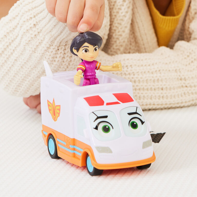 Disney Junior Firebuds, Violette et Axelle, figurine articulée et ambulance avec mouvement des yeux interactif
