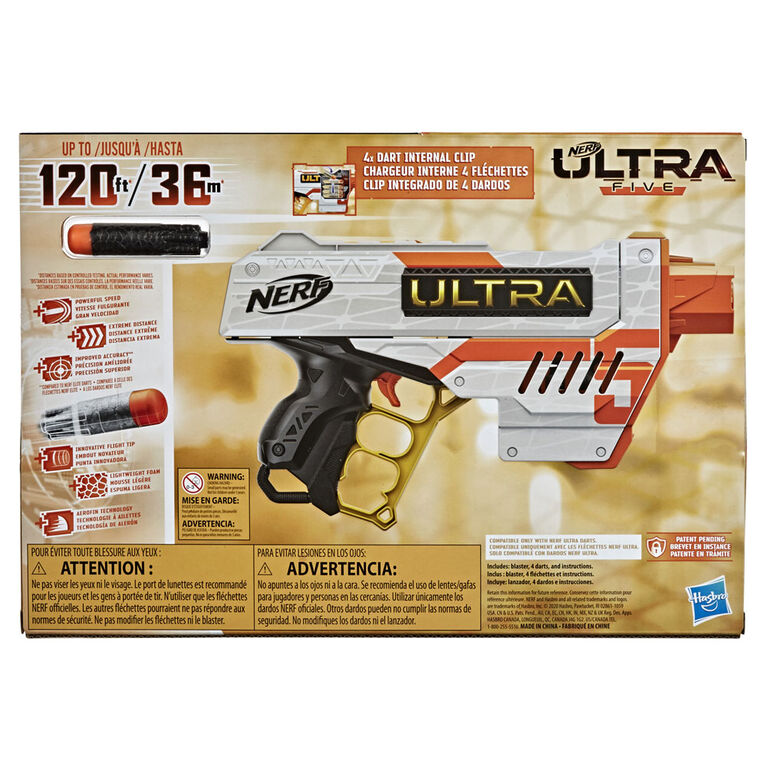 Nerf Ultra - Blaster Five, chargeur intégré 4 fléchettes, 4 fléchettes Nerf Ultra, rangement pour fléchettes, compatible uniquement avec les fléchettes Nerf Ultra
