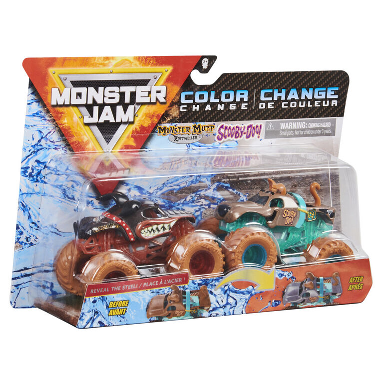 Monster Jam, Monster trucks Monster Mutt Rottweiler vs. Scooby Doo officiels qui changent de couleur en métal moulé, échelle 1:64