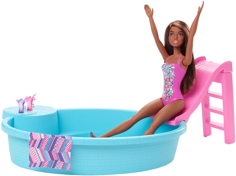 Barbie Doll, 11.5-inch Brunette, and Pool Playset with Slide and Accessories