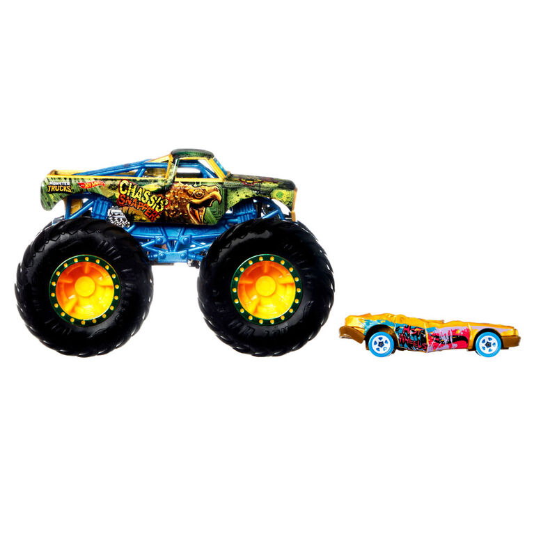 Hot Wheels Monster Trucks 1:64 Scale Vehicles 2 Pack; 1 Die-Cast Truck and 1 Car