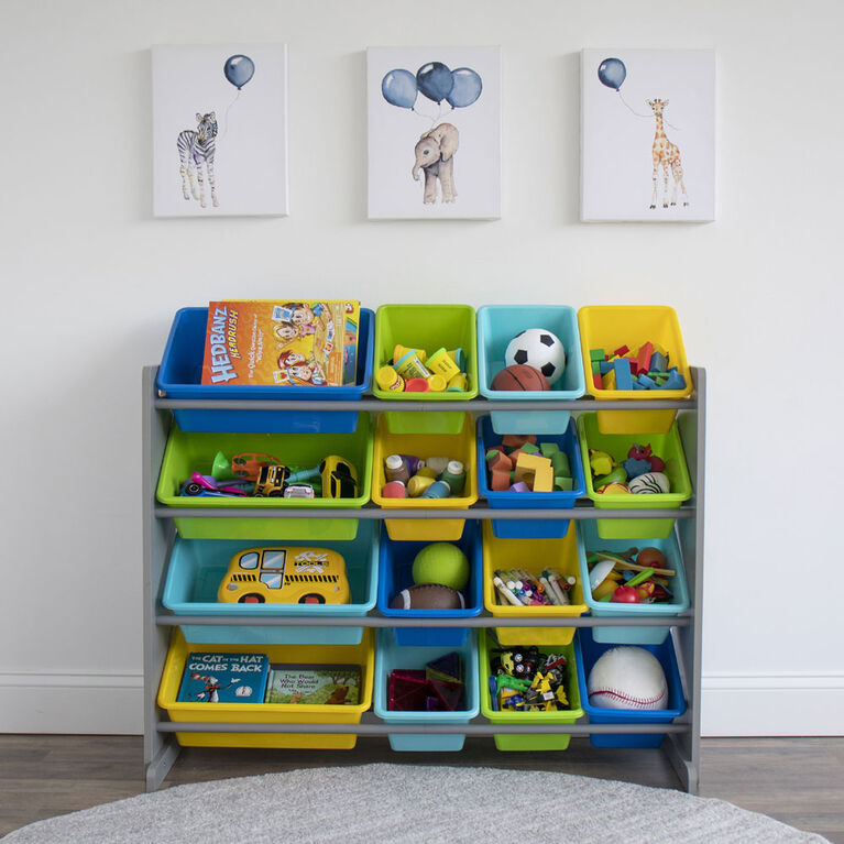 Toy Organizer with 16 Bins, Grey/Blues