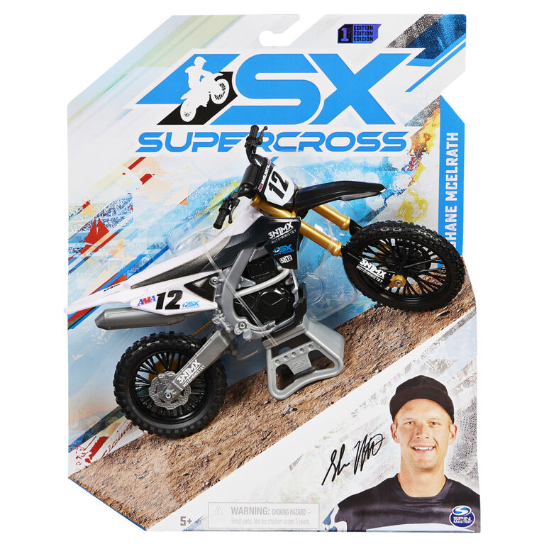 Supercross, authentique réplique de moto en métal moulé à l'échelle 1:10 avec figurine du motocycliste Shane McElrath et socle d'exposition