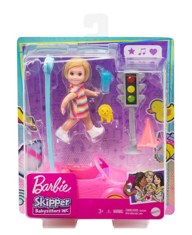 Barbie Skipper Babysitters Inc. Petite poupée et voiture jouet pour tout-petit avec feu de signalisation, cône, tasse et jouet Lion