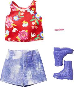 Barbie Fashion Pack of Doll Clothes, Floral Print Sleeveless top, Jean Shorts, Trendy Blue Boots and Bracelet