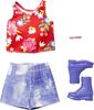 Barbie Fashion Pack of Doll Clothes, Floral Print Sleeveless top, Jean Shorts, Trendy Blue Boots and Bracelet
