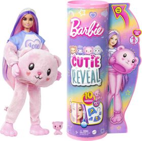 Barbie Cutie Reveal Doll and Accessories, Cozy Cute Tees Teddy Bear in "Love" T-shirt, Purple-Streaked Pink Hair and Brown Eyes