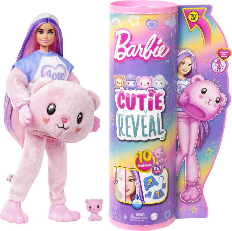 Barbie Cutie Reveal Doll and Accessories, Cozy Cute Tees Teddy Bear in "Love" T-shirt, Purple-Streaked Pink Hair and Brown Eyes