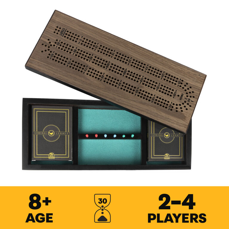 Legacy Deluxe Cribbage Classic Game with Lined Wooden Case and Colored Metal Movers