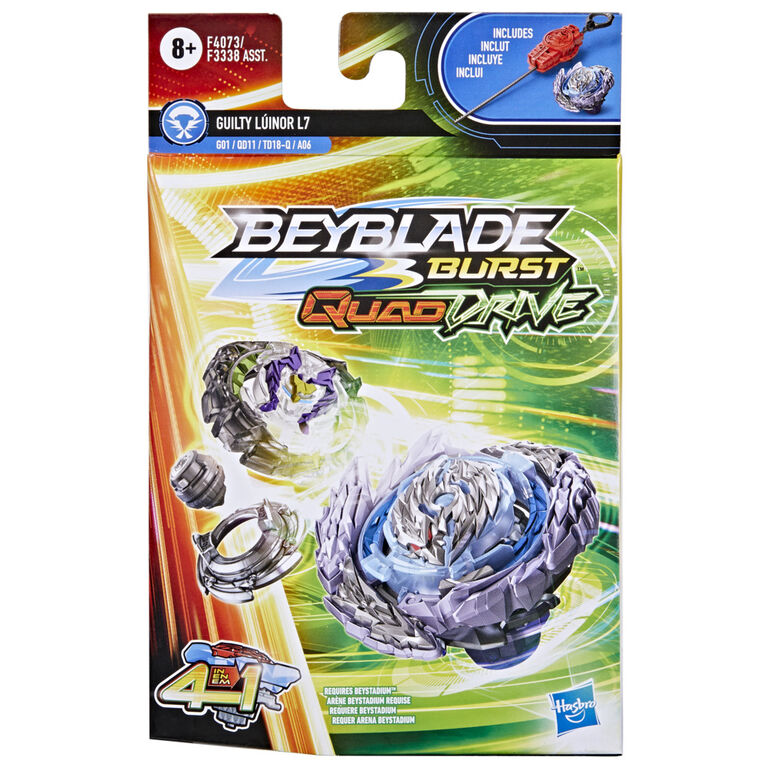Beyblade Burst QuadDrive, Starter Pack avec toupie Guilty Lúinor L7 type attaque/défense et lanceur
