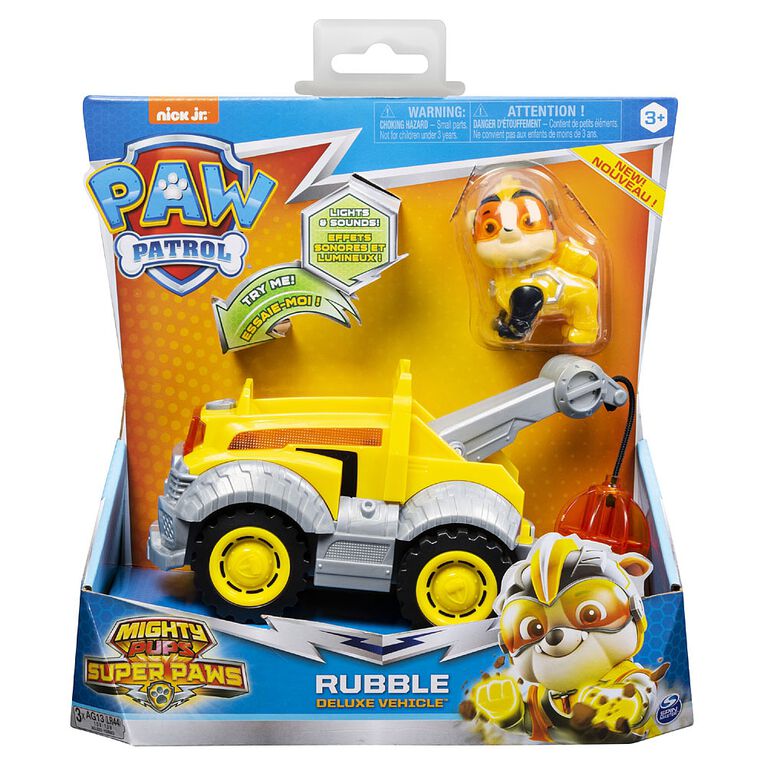PAW Patrol, Mighty Pups Super PAWs Rubble's Deluxe Vehicle with Lights and Sound