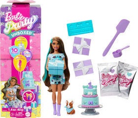 Barbie Party Unboxed Pet Birthday Series Doll & Accessories, Party Stars Set with 10 Surprises