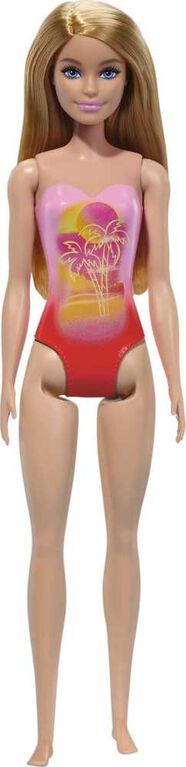 Beach Barbie Doll with Blond Hair Wearing Pink Palm Tree-Print Swimsuit