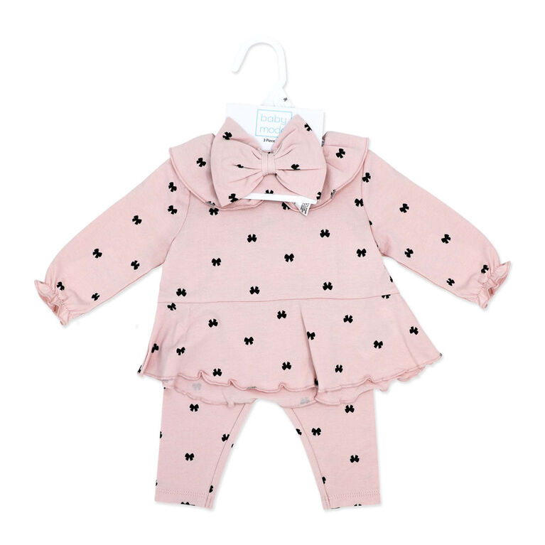 Baby Mode 3 Piece Legging and Headband Set: Pink Bow 12M