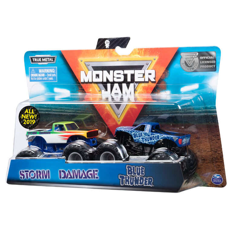 Monster Jam, Coffret de 2 véhicules authentiques Blue Thunder vs Storm Damage, Monster trucks en métal moulé à l'échelle 1:64