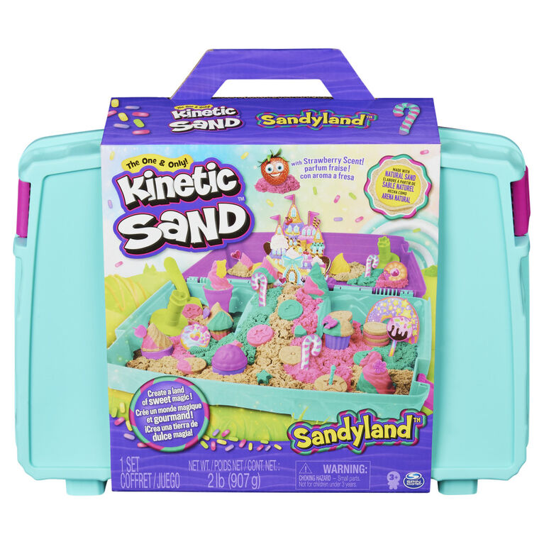 Kinetic Sand, Sandyland avec 907 g de Kinetic Sand, Coffret portable avec plus de 15 outils, élaboré à partir de sable naturel, contient du Kinetic Sand parfumé et coloré - Notre exclusivité