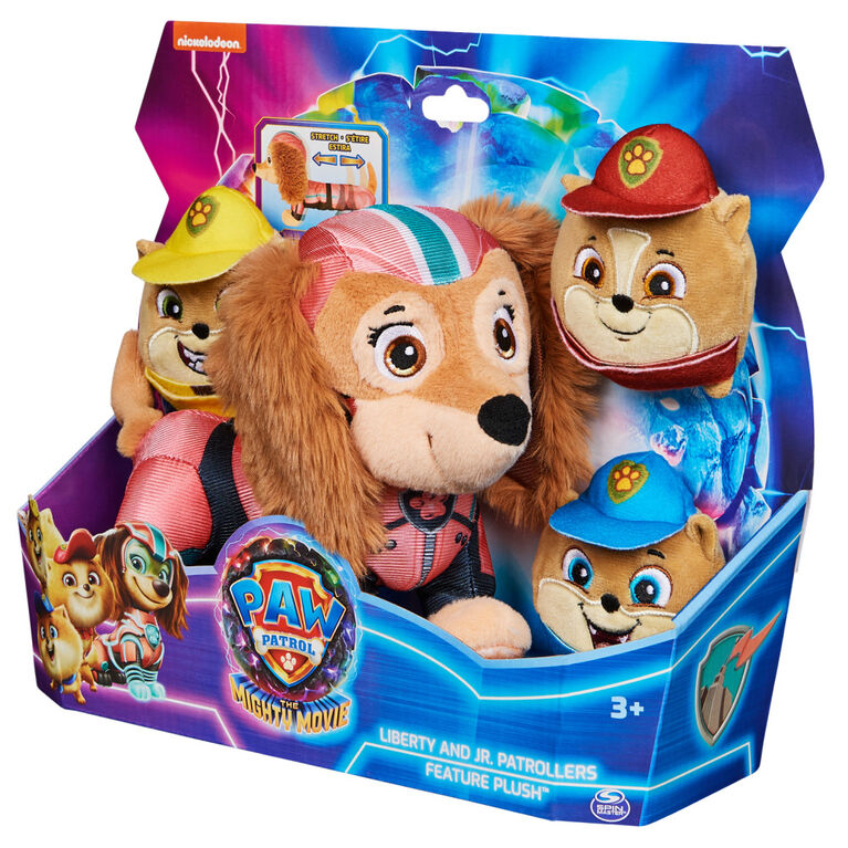 Caverne des jouets : LA SUPER PAT PATROUILLE LE FILM : CHIENNE LIBERTY QUI  S'ETIRE ET LA PAT PAROUILLE JUNIOR - PELUCHE LICENCE PAW PATROL - SPIN  MASTER - 20143564