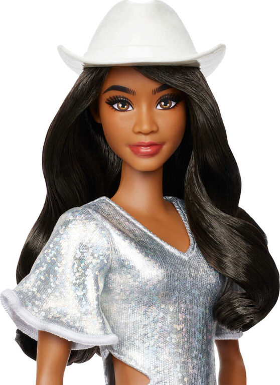 Barbie Fashionistas Doll #239 in Sparkly Silver Dress with Cowboy Hat and Boots, Black Hair