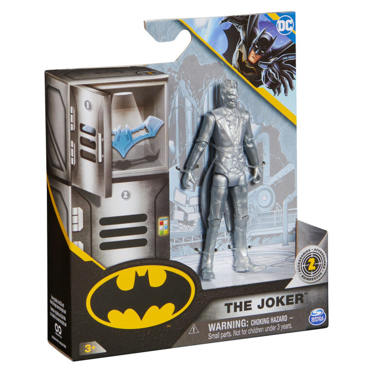 DC Comics, Figurine articulée The Joker métallique avec 2 accessoires mystère, 10 cm
