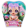 GLITTER BABYZ Lila Wildboom Baby Doll with 3 magical color changes/ lavender purple hair doll with flowers on the outfit and reusable diaper, bottle and pacifier