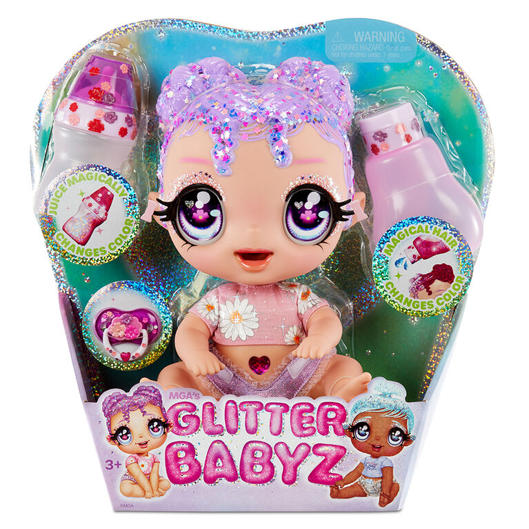 GLITTER BABYZ Lila Wildboom Baby Doll with 3 magical color changes/ lavender purple hair doll with flowers on the outfit and reusable diaper, bottle and pacifier