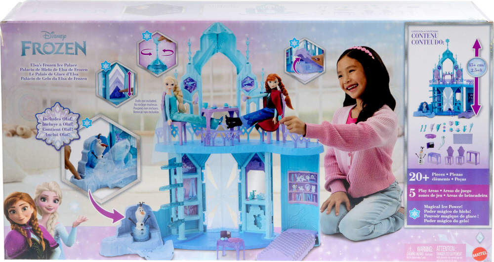 Coffret de jeu Palais de Glace d'Elsa inspiré du film La Reine des Neiges de Disney avec figurine Olaf, 5espaces de jeu et 21accessoires