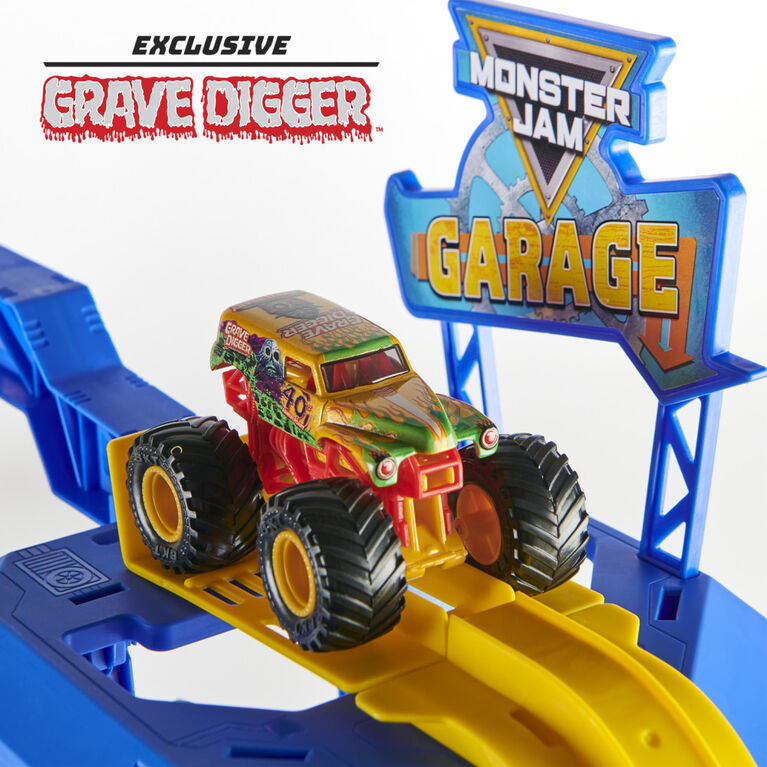 Coffret de jeu et rangement Monster Jam Garage avec monster truck Grave Digger exclusif, lumières et sons