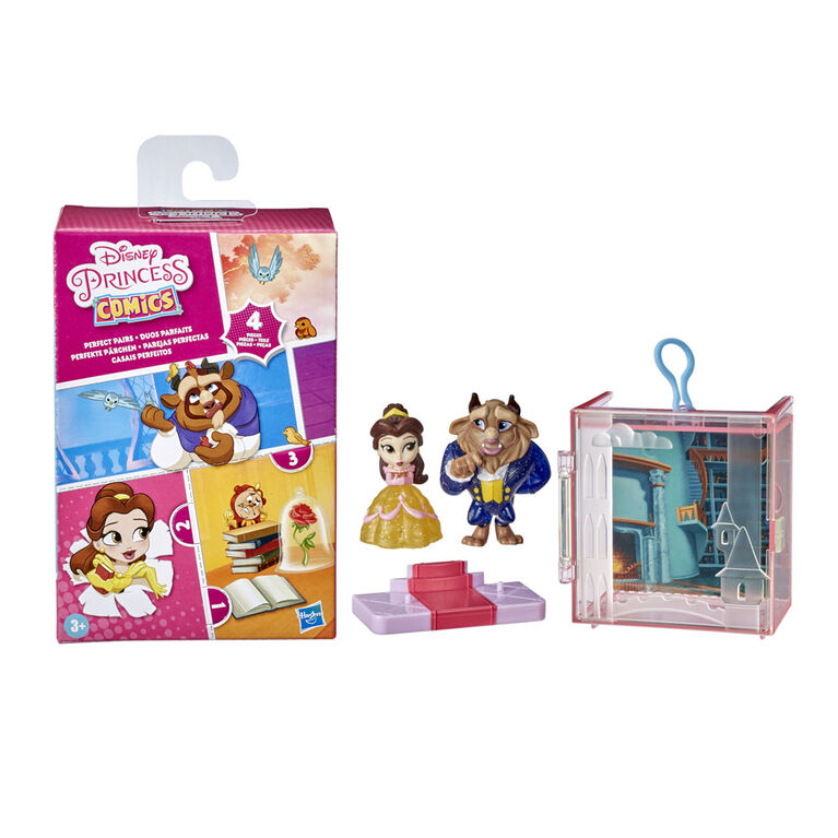 Disney Princess Perfect Pairs Belle, Fun Beauty and the Beast Unboxing Toy with 2 Dolls, Display Case and Stand