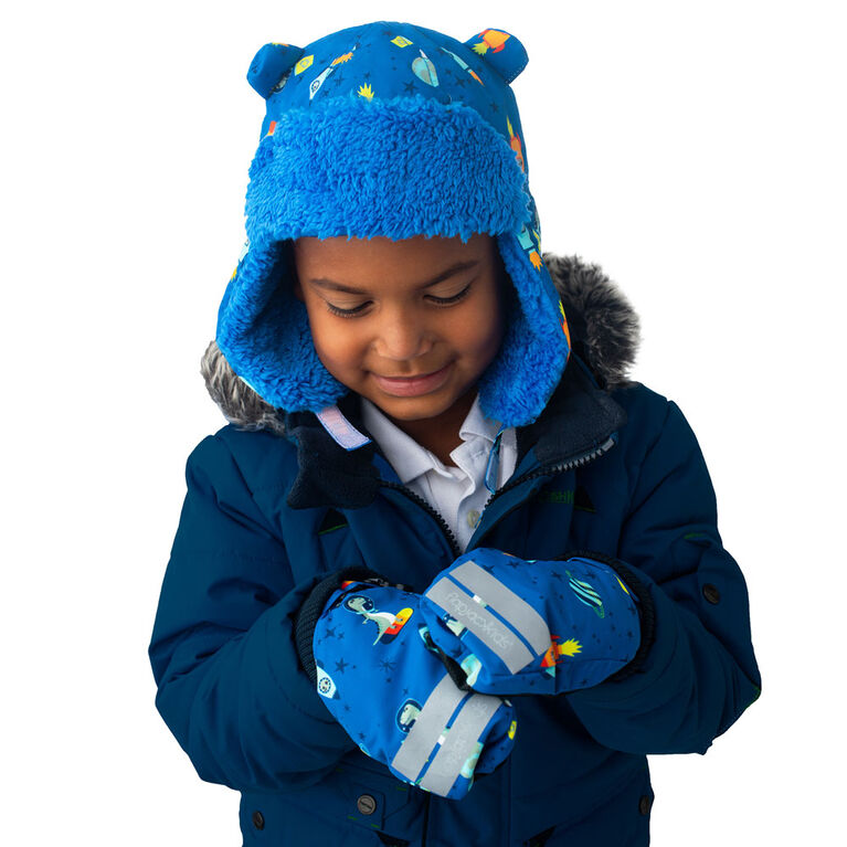 FlapJackKids - Mitaines de ski déperlantes pour tout-petits, enfants, garçons - Poignets côtelés - Dino / Bleu - Grand 4-6 ans