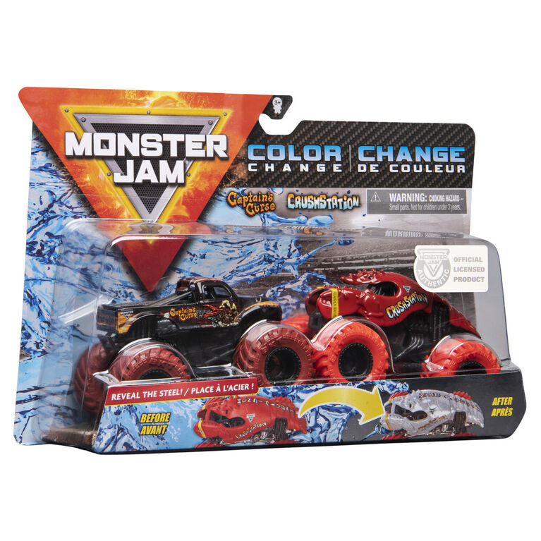 Monster Jam, Official Captain's Curse vs. Crushstation Color-Changing Die-Cast Monster Trucks, 1:64 Scale