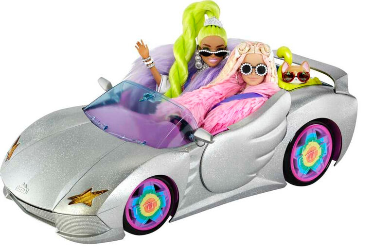Cabriolet Barbie Extra, Voiture 2places Argentée et Pailletée avec Roues qui Tournent