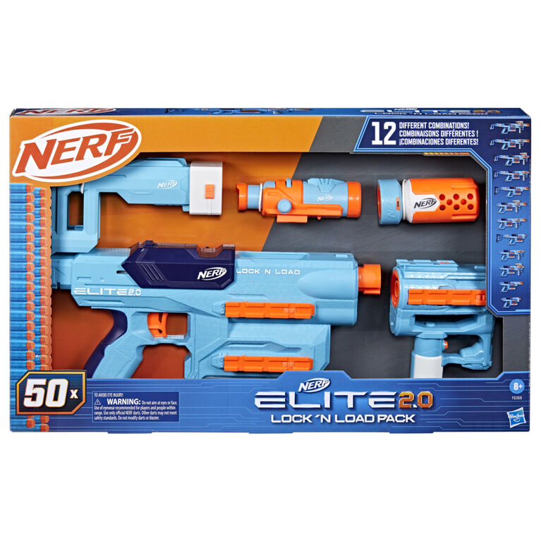 Nerf Elite 2.0, pack Lock N Load, blaster, 30 fléchettes Nerf Elite, crosse, canon, poignée, viseur