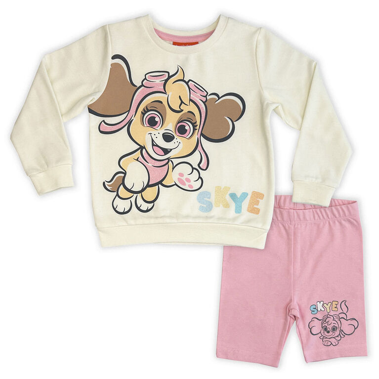 Paw Patrol 2 Piece Long Sleeve Crew & Short Set - Off White/Pink 3T