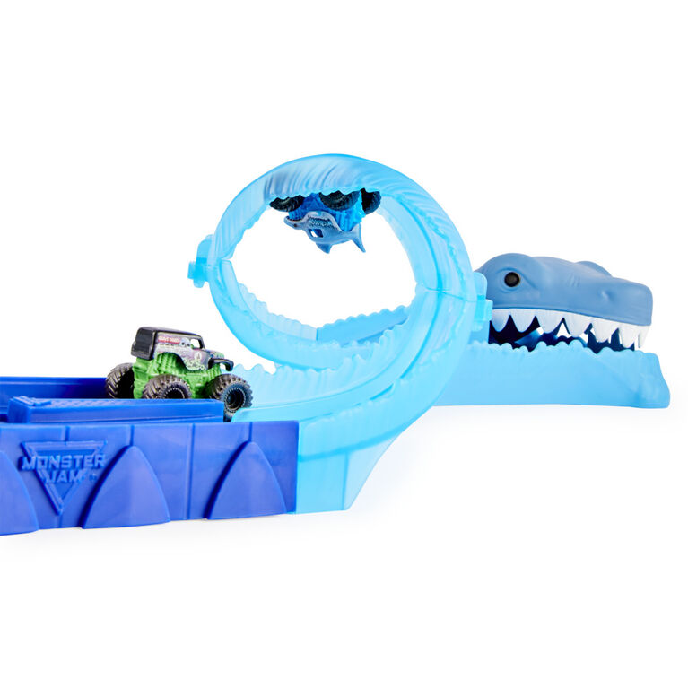 Monster Jam, Mini Megalodon Race and Chomp Playset with 2 Monster Jam Mini Trucks in 1:87 scale