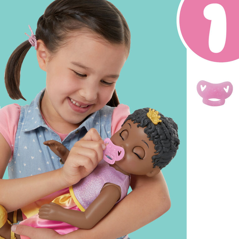 Poupée de princesse Ellie Baby Alive Grows Up! Poupée bébé qui grandit et  parle, cheveux noirs, 18 po, 7 ans et plus