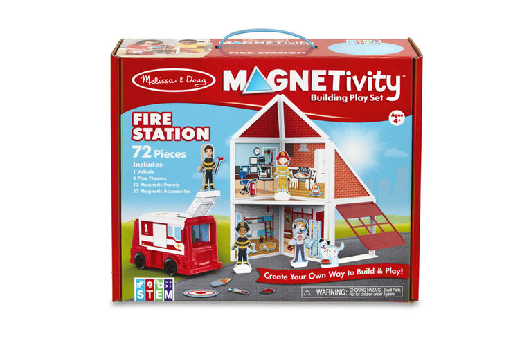 Melissa & Doug Ensemble de jeu magnétique 74 pièces MAGNETIVITY - Caserne de pompiers avec camion de pompiers
