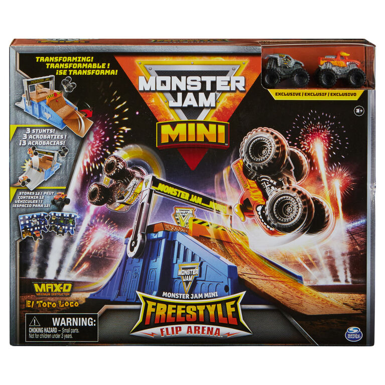 Monster Jam Mini Freestyle Flip Arena Playset and Storage with 2 Mini Monster Jam Trucks