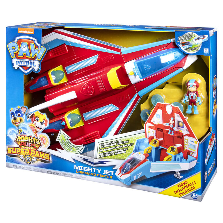PAW Patrol, Mighty Pups Super PAWs, Mighty Jet Command Center, Jet/QG transformable 2 en 1 avec effets sonores et lumineux