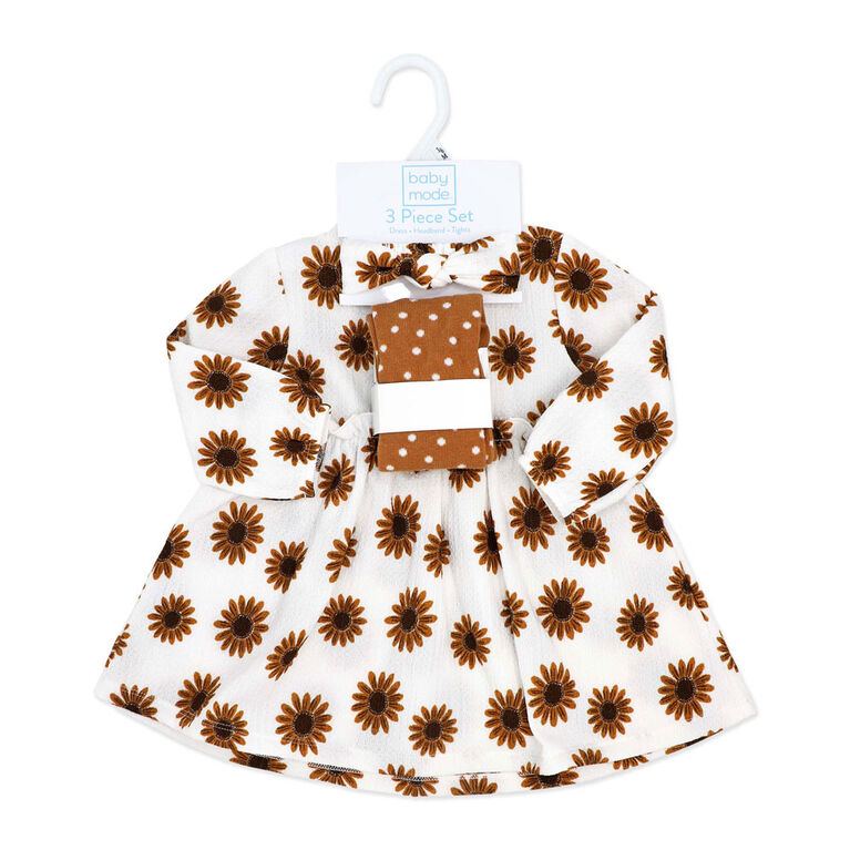 Baby Mode 3 Piece Crinkled Knit Dress Set: Brown Floral 0-3M