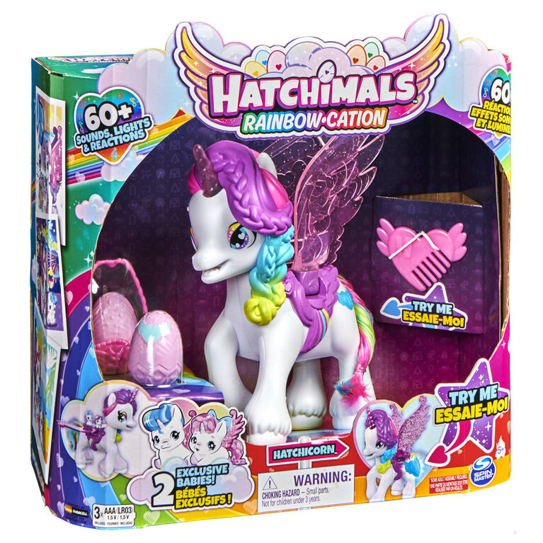 Hatchimals CollEGGtibles, Jouet interactif licorne Hatchicorn qui bat vraiment des ailes, avec plus de 60 effets sonores et lumineux et 2 bébés exclusifs