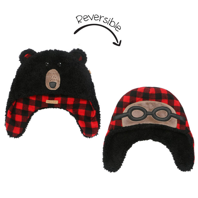 FlapJackKids - Bonnet en polaire Sherpa réversible pour bébé, enfant en bas âge, enfant, garçon - Double épaisseur - Ours noir / aviateur - Grand 4-6 ans